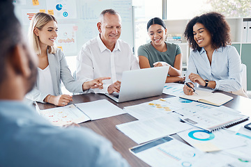 Image showing Finance, corporate, marketing team happy with KPI, working in office on laptop, setting goals and sales target. Diverse coworkers, collaboration and problem solving. Performance review and analysis.