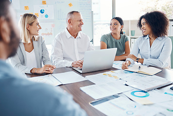 Image showing Digital planning, strategy and finance business people meeting on financial update, company analytics report and project management. CEO or manager talking of paperwork or website marketing growth