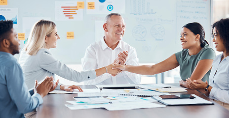 Image showing Handshake in meeting for business deal, welcome employee and support in corporate partnership while manager gives applause in celebration. Workers and collaboration team with motivation and thank you