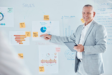 Image showing Finance, accounting and presentation businessman, accountant or speaker with analytics data chart, financial report or update meeting. CEO, manager or boss presenter on company sales proposal review