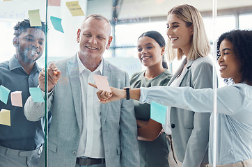 Image showing Business people planning on sticky note in meeting, post it paper for creative advertising idea and team collaboration for marketing project. Teamwork for global company strategy on glass in office