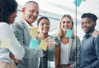 Image showing Teamwork, sticky notes or business team on a strategy, moodboard or storyboard in office. Corporate people, staff or workers working together on pinboard in collaboration, communication and planning