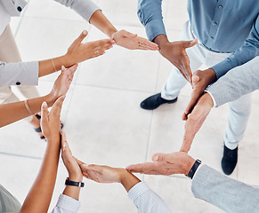 Image showing Teamwork, hands and circle in solidarity of business people in unity, collaboration and trust together at work. Diversity of a group of employee hand united for agreement, help and team for community