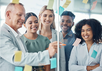 Image showing Team, strategy and business people writing on sticky notes in a meeting about the vision, mission and goals of the company. Teamwork, smile and happy group of employees brainstorming in modern office