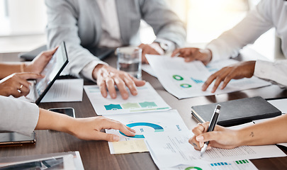 Image showing Business teamwork hands, paperwork and planning annual report data, research and budget in office. Company discussion with documents in strategy meeting, graphs analytics and financial stats progress