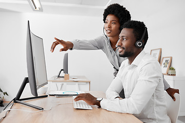 Image showing Call center, agency and mentor in customer service and telemarketing business at the office. Black people in consulting, desk and contact us support in teamwork, employee advice and help at work
