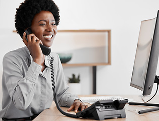 Image showing Black woman secretary on business telephone call working and in communication calling clients. African lady or girl receptionist speaking with office management person on corporate company call