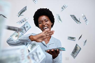 Image showing Winner, celebration and raining money with black woman and spray of cash, investment or wealth. Achievement, success and profit with excited young female after winning lotto, cashback or promotion