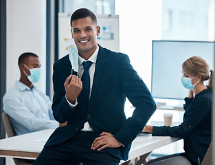 Image showing Businessman with covid face mask at end of pandemic, happy with compliance and regulations at work office and in a meeting. Portrait of manager in suit with smile with team and teamwork at company