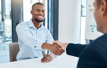 Image showing Hiring, interview and b2b handshake by business men planning and discussing career goals in a corporate office. Partner collaboration or integration deal, happy employee excited about job opportunity