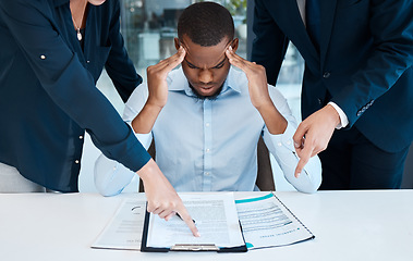 Image showing Stress, overload and headache with businessman and burnout, overworked and pressure at corporate company. Frustrated, anxiety and mental health with black man overwhelmed with too much work