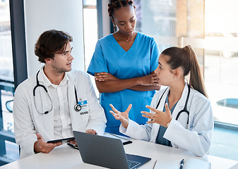 Image showing Medical teamwork, hospital meeting and healthcare collaboration with doctor, nurse and surgeon planning surgery, patient analysis and medicine. Expert clinic workers consulting test research results