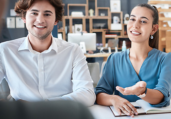 Image showing Communication, customer and team doing a business pitch for b2b deal, partnership or vision goal at meeting. Teamwork, man and woman in conversation for sales of company stocks, investment or product