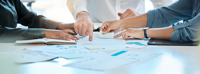 Image showing Business teamwork hands, paperwork graphs and planning annual report data, research and office budget. Company discussion with documents in strategy meeting, analytics progress and financial stats