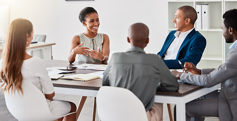 Image showing Meeting, planning and strategy of business woman, team leader or manager talking of KPI goal, mission or finance growth development. Brainstorming ideas and listening group for about us or our vision