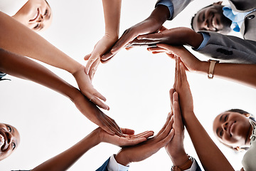 Image showing Diversity, circle hands and teamwork collaboration for success goal, and motivation and global company innovation. Zoom of business people, women and men workers in community group, support or trust
