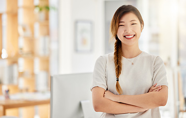 Image showing Vision, business and goals by proud asian corporate employee working on design and marketing in an office. Portrait of a happy, smiling entrepreneur excited about startup success and career mission