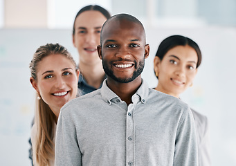 Image showing Black man leader, teamwork portrait and collaboration, company vision and happy staff. Business people group, diversity workers and smile professional standing in unity, motivation and leader support