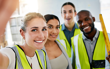 Image showing Group of industrial staff taking a selfie on a phone while working in a warehouse factory. Portrait of industry engineers taking picture in office while planning project at work site.