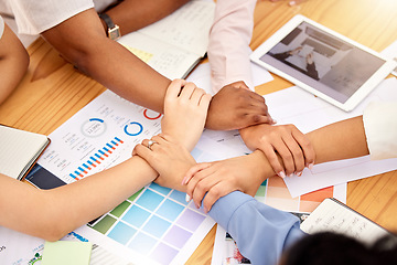 Image showing Team hands with teamwork, work support and community of office collaboration with project data. Working business team making hand circle to show corporate commitment, company unity and staff people