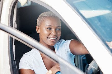 Image showing Drive, car and road trip with a young woman sitting in her vehicle and driving with a smile during summer. Portrait of a happy and beautiful female in the front seat of her transport for a ride