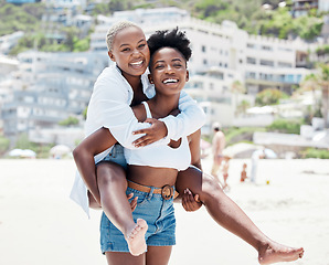 Image showing Gay, lesbian and beach with a woman lgbt couple bonding together outside during summer. Romance, dating and love with a female and her girlfriend on holiday, vacation or honeymoon by the coast