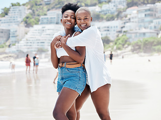 Image showing Portrait of happy friends on beach travel vacation, holiday or spring break to tropical island paradise. Black women on a girls trip to the sea or ocean for summer, sun and relax at water seaside