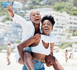 Image showing Peace hand sign with friends at beach, happy black people and women by ocean in summer together. Young girls on travel vacation by sea in Brazil, smile and piggyback on international holiday