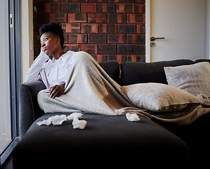 Image showing Sick, sad and bored woman with covid, thinking of mental health on sofa in home and depressed in living room of apartment. Frustrated, fail and African girl with depression on couch in house