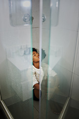 Image showing Depression, anxiety and stress girl thinking in a shower at home. Black woman suffering from mental health, anxiety and depressed after relationship, personal problem or life crisis in house bathroom