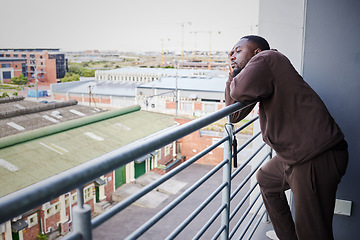Image showing Sad, burnout and depression man with health, anxiety and thinking of mental health on balcony in house. Depressed, frustrated and tired African man with fail, stress or headache pain from work report