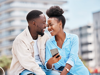 Image showing Black couple, love and happy on date, summer vacation holiday posting on social media or browsing internet. Romance, young man and woman outdoor, looking into each others eyes and smile, caring.