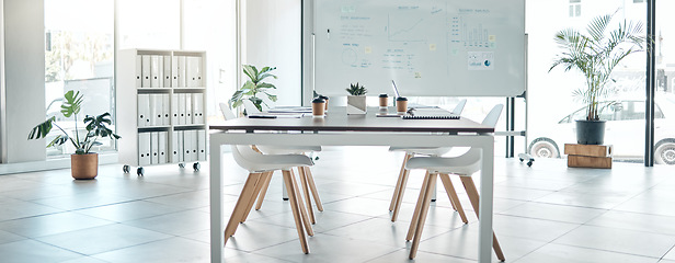 Image showing Empty boardroom, conference or meeting room with table, chairs and whiteboard. Business presentation office, corporate company interior space and furniture in modern workplace for discussion.