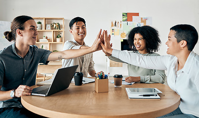 Image showing High five for corporate motivation in strategy meeting, support in collaboration of hands during marketing planning discussion and celebration of startup company. Employees with smile for teamwork