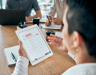 Image showing Hands of business woman with tablet, debt or late payment in a meeting. Bank loan, tax invoice or negotiating price reduction on goods, customer or client purchase on tech in corporate office.