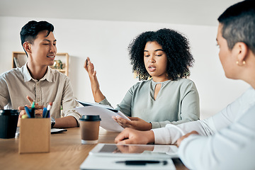 Image showing Diversity, business meeting and office woman in teamwork collaboration with kpi data paper, survey research or target audience analytics. People planning company growth and creative brand advertising