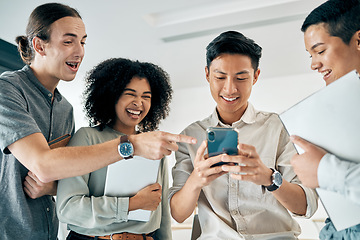 Image showing Diversity, startup and a happy team of women and men on a phone, after meeting and laughing at social media. Teamwork, motivation and tech for office employees. Happy friends or students having fun