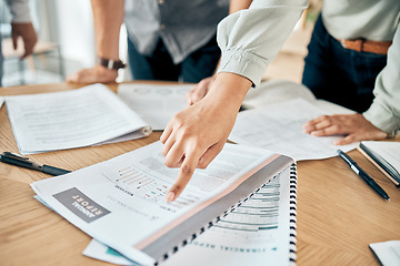 Image showing Planning, collaboration and data analyst talking strategy in meeting with annual report documents. Accounting team discussion for budget and profit for startup with a vision and mission for success