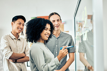 Image showing Diversity, teamwork and brainstorming, a team of startup employees with sticky notes in an office. Happy young black woman writing on a white board with idea from businessmen at workshop or meeting