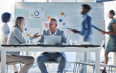 Image showing Team, workers or employee busy collaboration and planning a business growth strategy together in an office. Happy corporate professional working on a project proposal at a startup marketing workplace