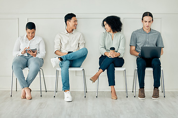 Image showing Recruitment, UX web design team Interview in digital tech company, job or corporate waiting room. Portrait of creative marketing hiring staff, designer and website SEO people ready for recruit.