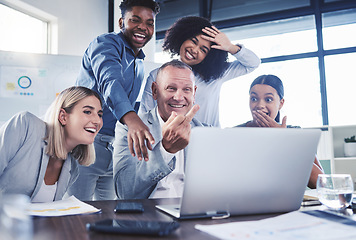 Image showing Rude, middle finger and crazy business people in video conference with bullying, arrogant and rival in video call. Hate, conflict and competitive in online meeting with competitor and employees