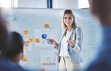 Image showing Sales woman, marketing and finance presentation on whiteboard for business meeting, workshop planning and team leadership mentor. Manager speaker talking, training and working on vision strategy idea