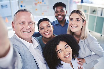 Image showing Diversity, selfie and office team friends together in workplace pose for friendly photograph. Unity, happiness and trust of multiracial staff people in corporate business company relationship.