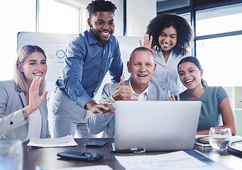 Image showing Business people waving, video conference call and laptop meeting for global webinar, online communication and virtual planning. Happy internet consulting, technology team and diversity collaboration