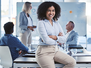 Image showing Leadership, business woman empowerment and manager working with vision, success and motivation in company office. Portrait young black person, happy professional entrepreneur and proud smile employee