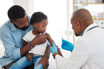 Image showing Healthcare, covid vaccine and doctor with kid, patient and father holding baby for shot in hospital. Girl, children and family clinic medical nurse with needle for virus and flu.