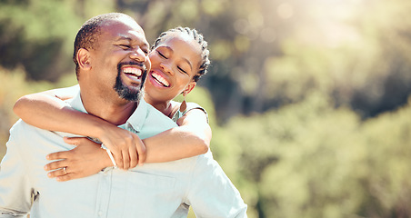 Image showing Happy, love and outdoor couple on a date in park or green nature environment for a healthy and wellness lifestyle. Freedom and carefree man, woman or boyfriend and girlfriend enjoying the summer sun