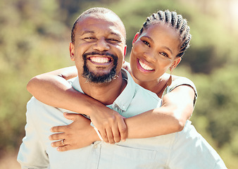 Image showing Face portrait of African couple in nature, hug on love date in park in summer and smile for care in garden in spring. Happy and relax man and woman in sun on walk in green countryside holiday