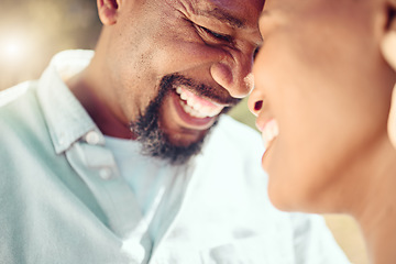 Image showing Happy, black people or couple and love with forehead touch in affection in the sunshine. Happiness, a smile and romantic man and woman on summer vacation gazing into each others eyes in intimacy.